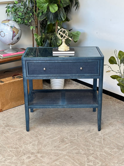 Blue Rattan End Table W/ Glass Top