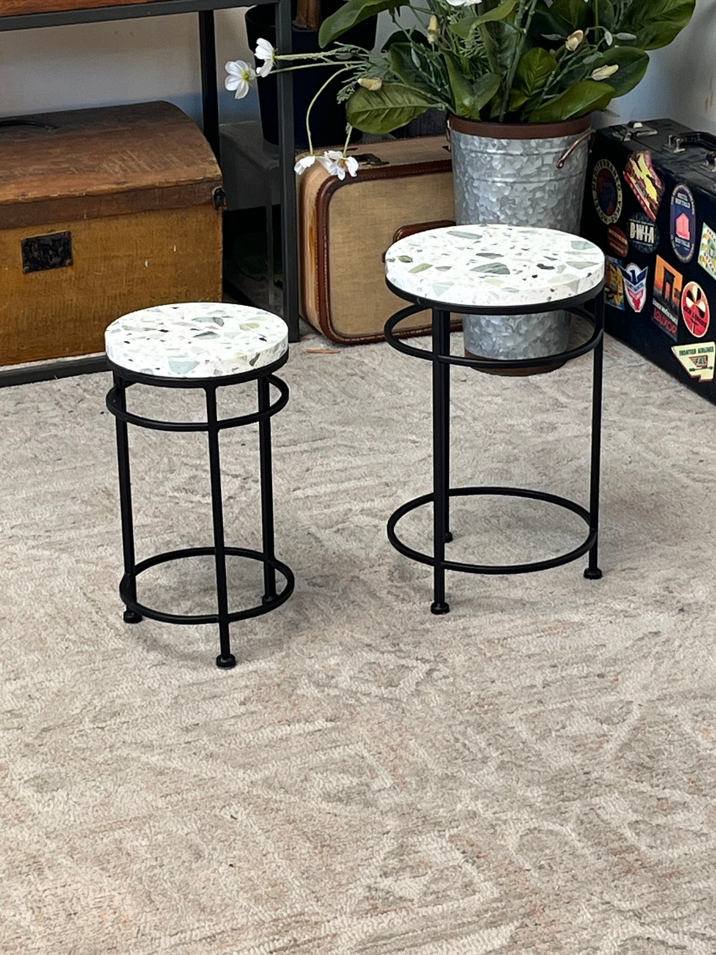 Straight Metal Ceramic Plant Stands Set Of 2