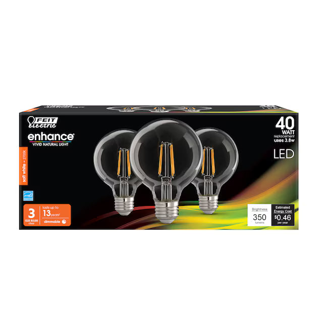 Feit Enhance 3 Pack G25 LED Bulb Soft White 40 Watt Equivalence