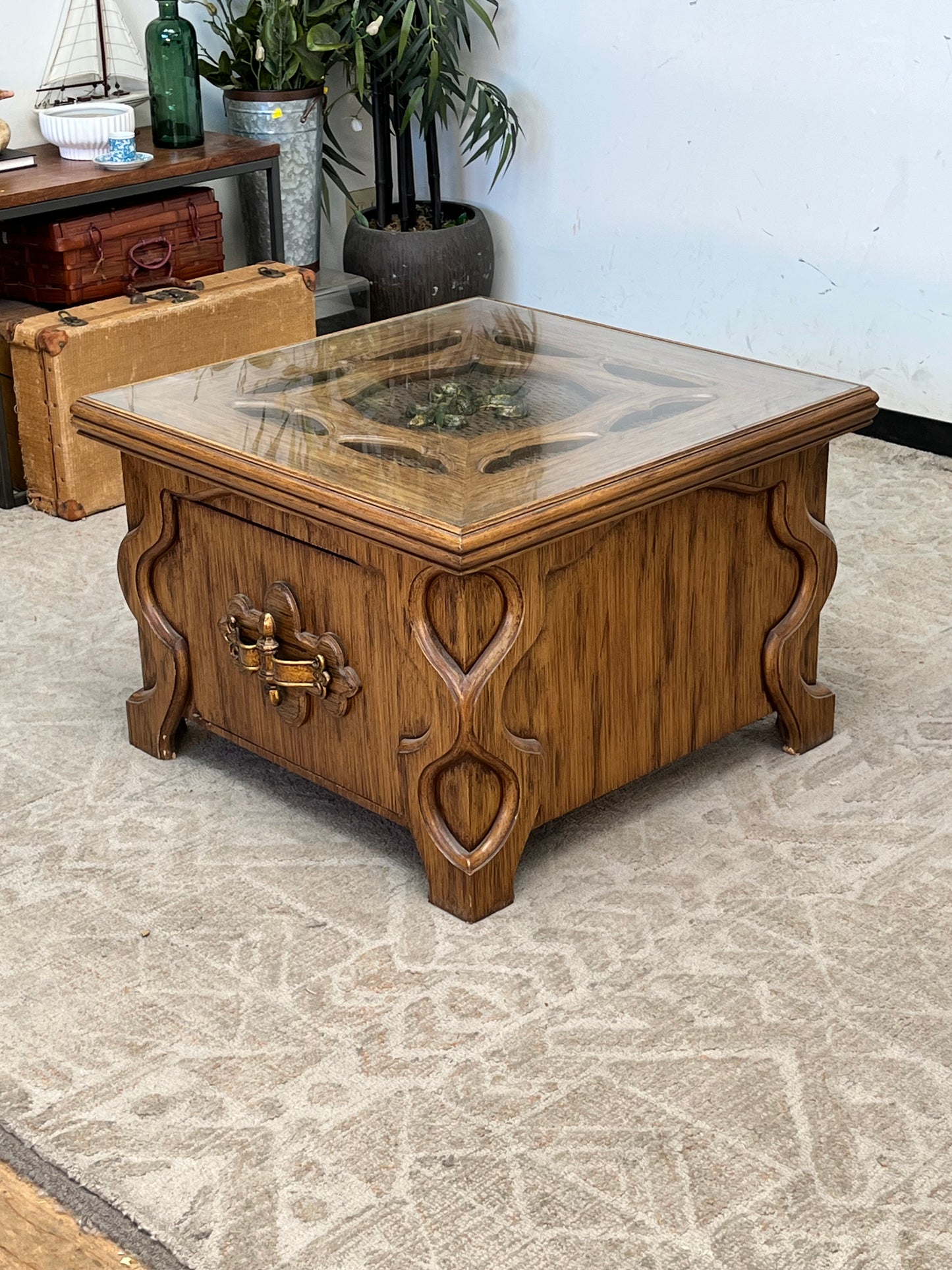 Vintage Carved Glasstop Sidetable