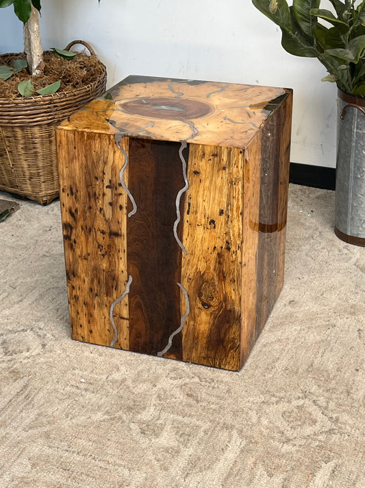 Rustic Wooden Cube Side Table
