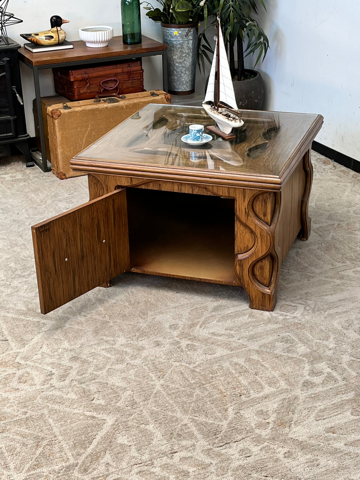 Vintage Carved Glasstop Sidetable