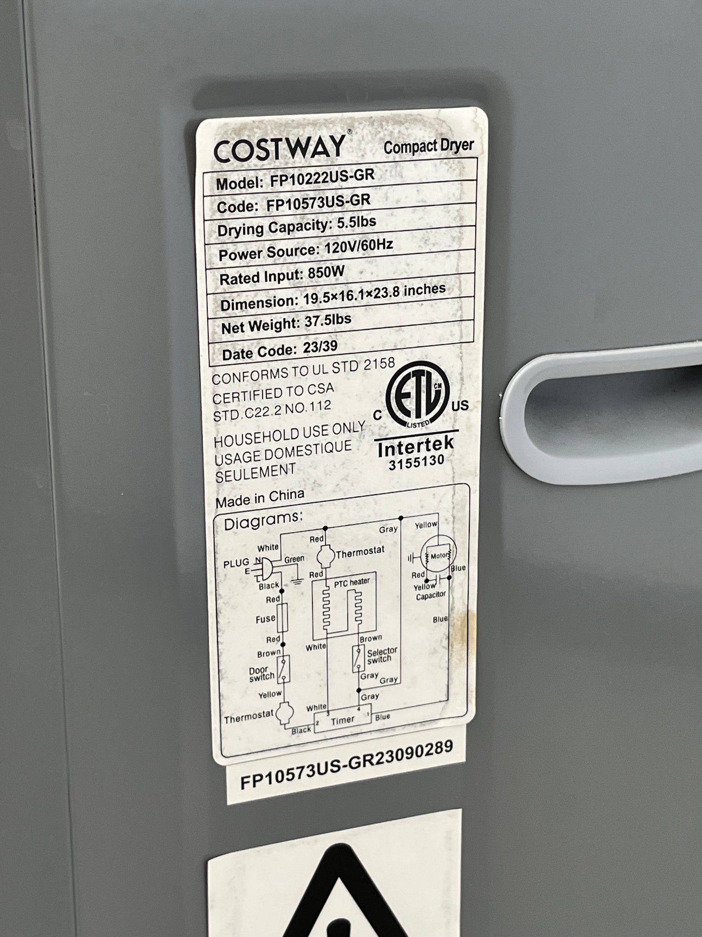 Costway 1.5 Cu .ft Clothes Dryer
