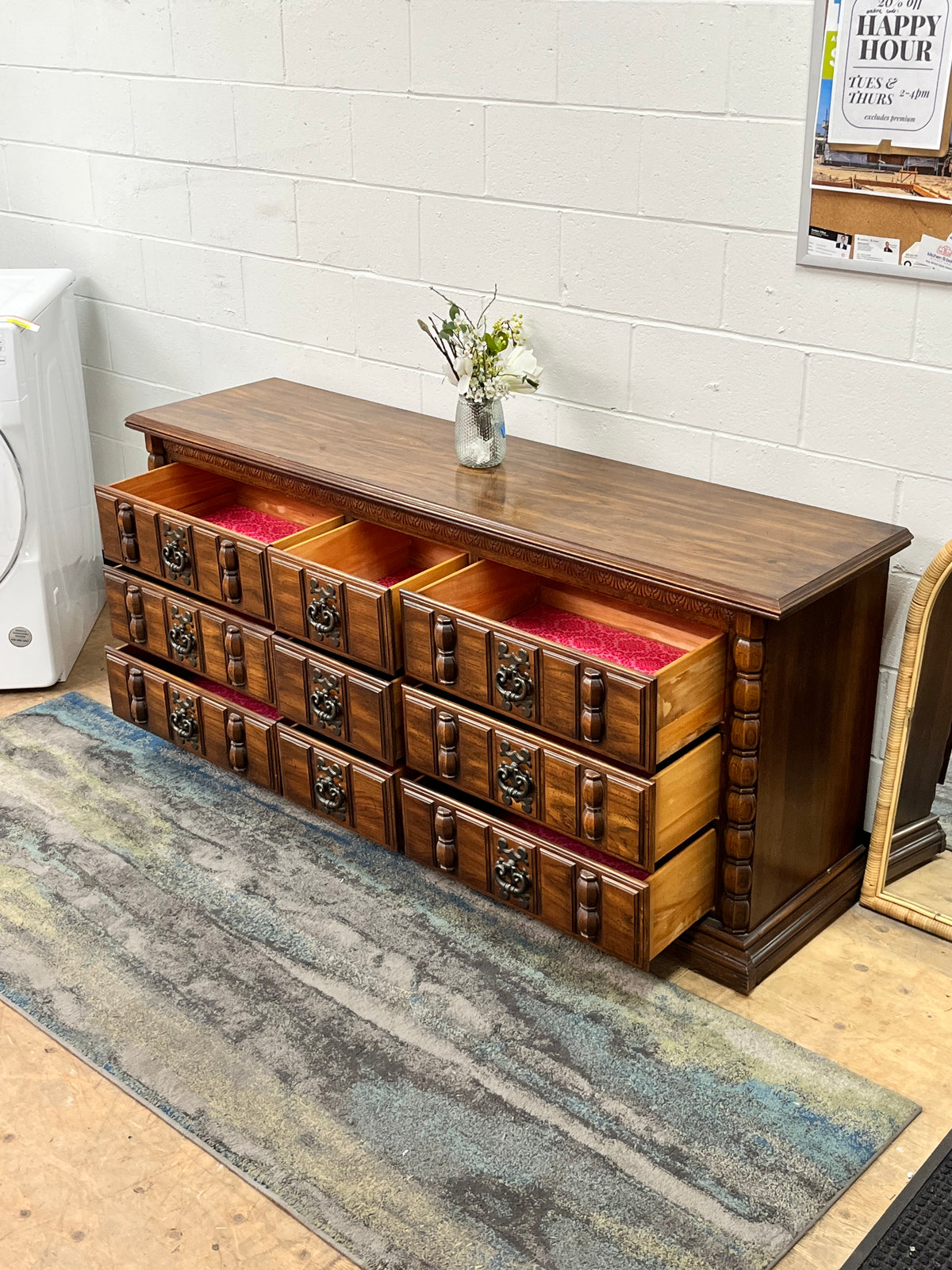 Vintage Wooden 9-Drawer Credenza