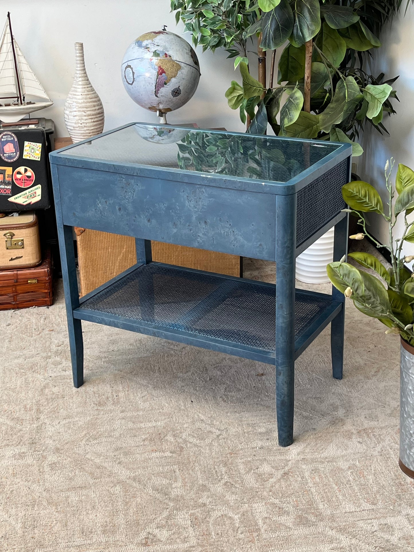 Blue Rattan End Table W/ Glass Top
