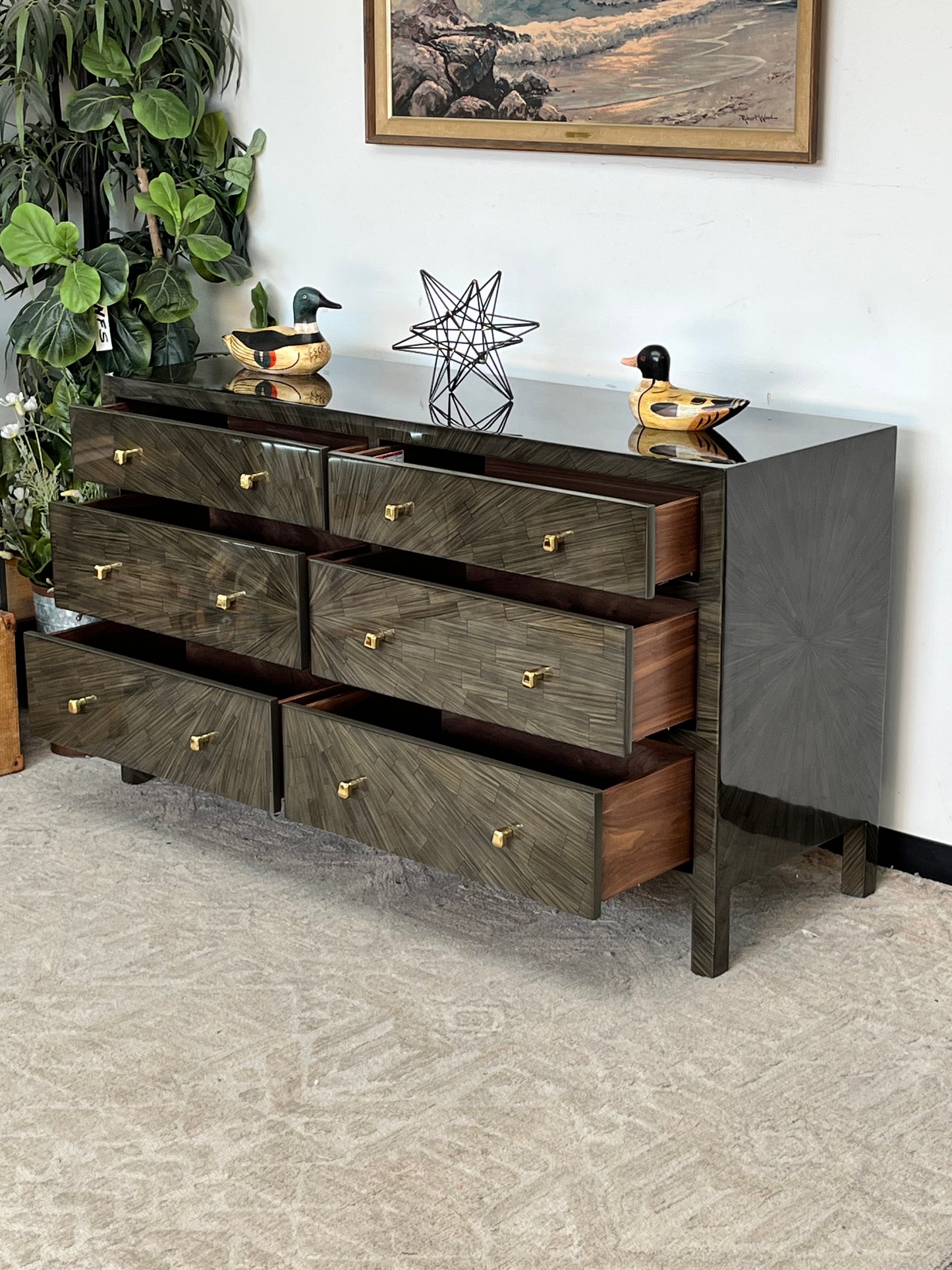 Modern Faux Horn Olive Green Credenza
