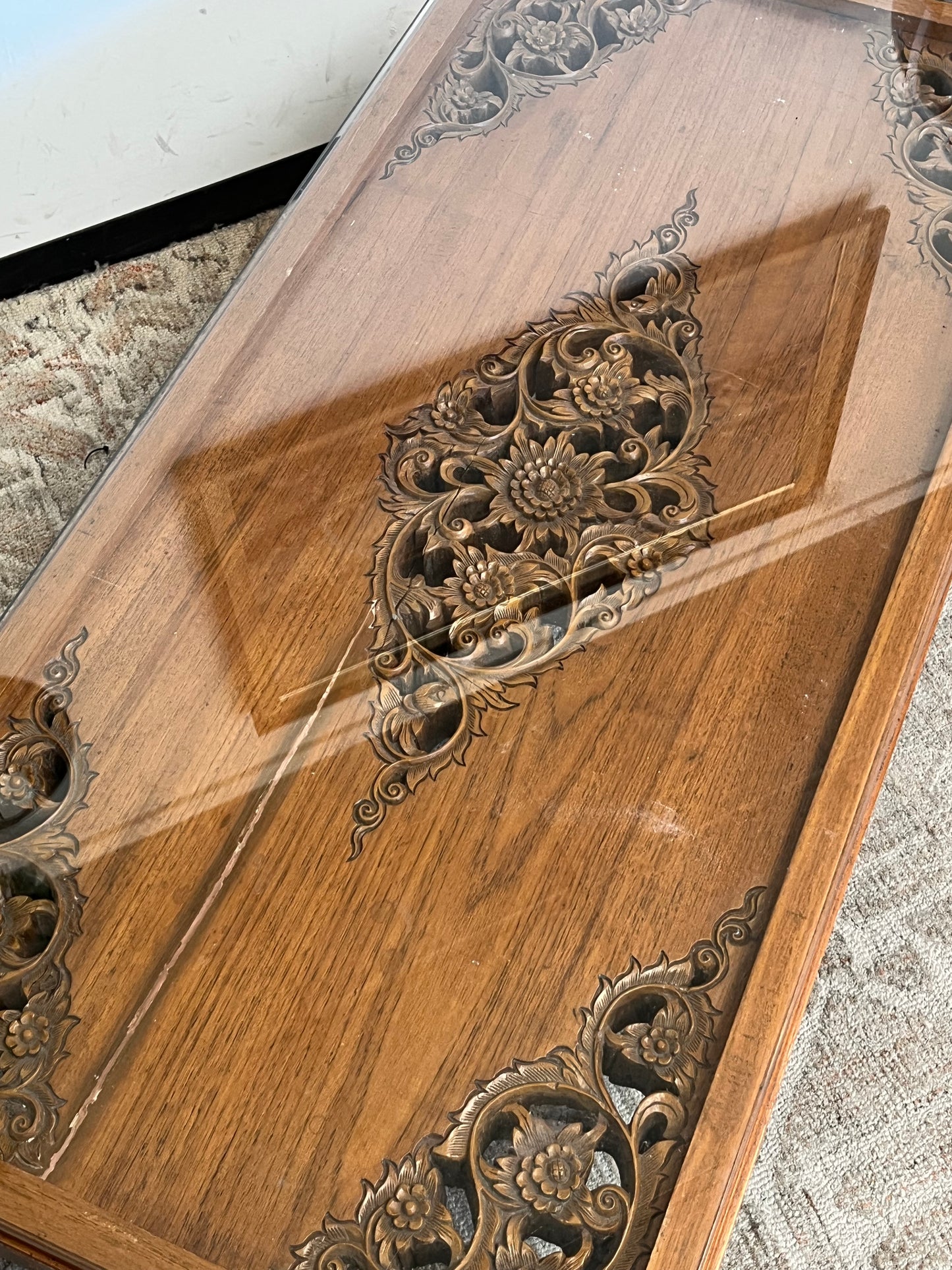 Indonesian Style Hand Carved Glass Top Coffee Table