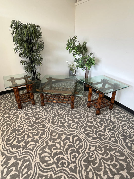 Wooden Bamboo Style Coffee Table With Pair Of End Tables