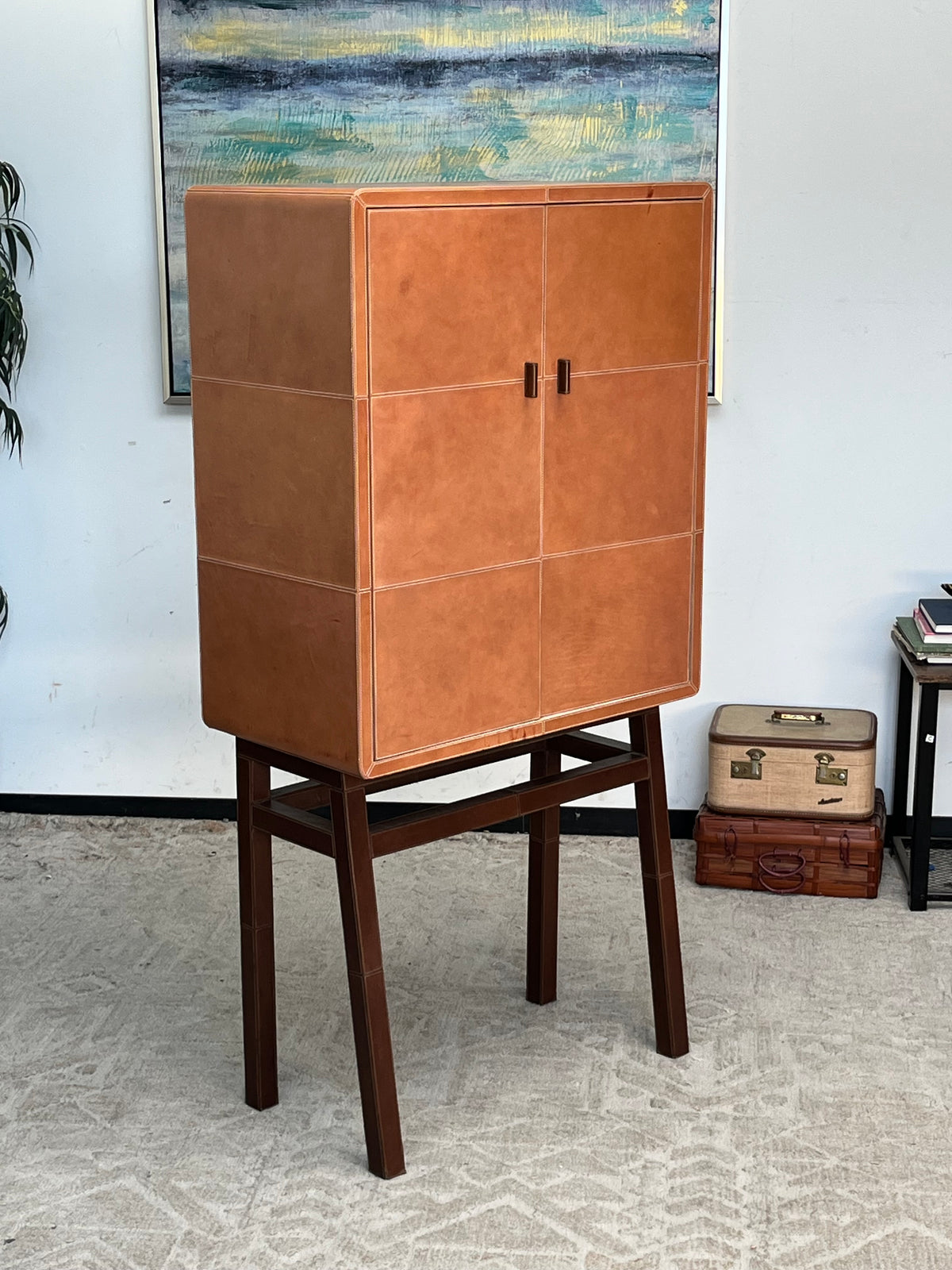 Mid Century Modern Leather Bar Cabinet