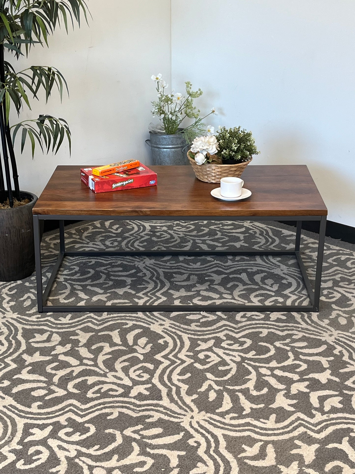 Brown Wooden Coffee Table With Metal Frame