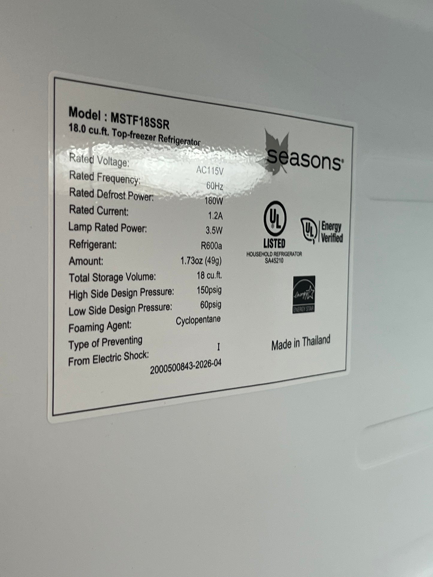 Seasons 18 Cu. Ft. Stainless Steel Refrigerator