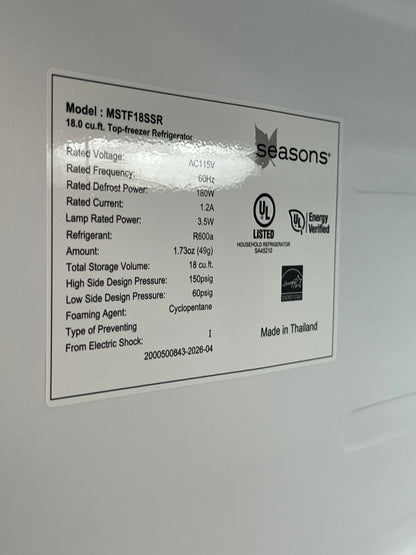 Seasons 18 Cu. Ft. Stainless Steel Refrigerator