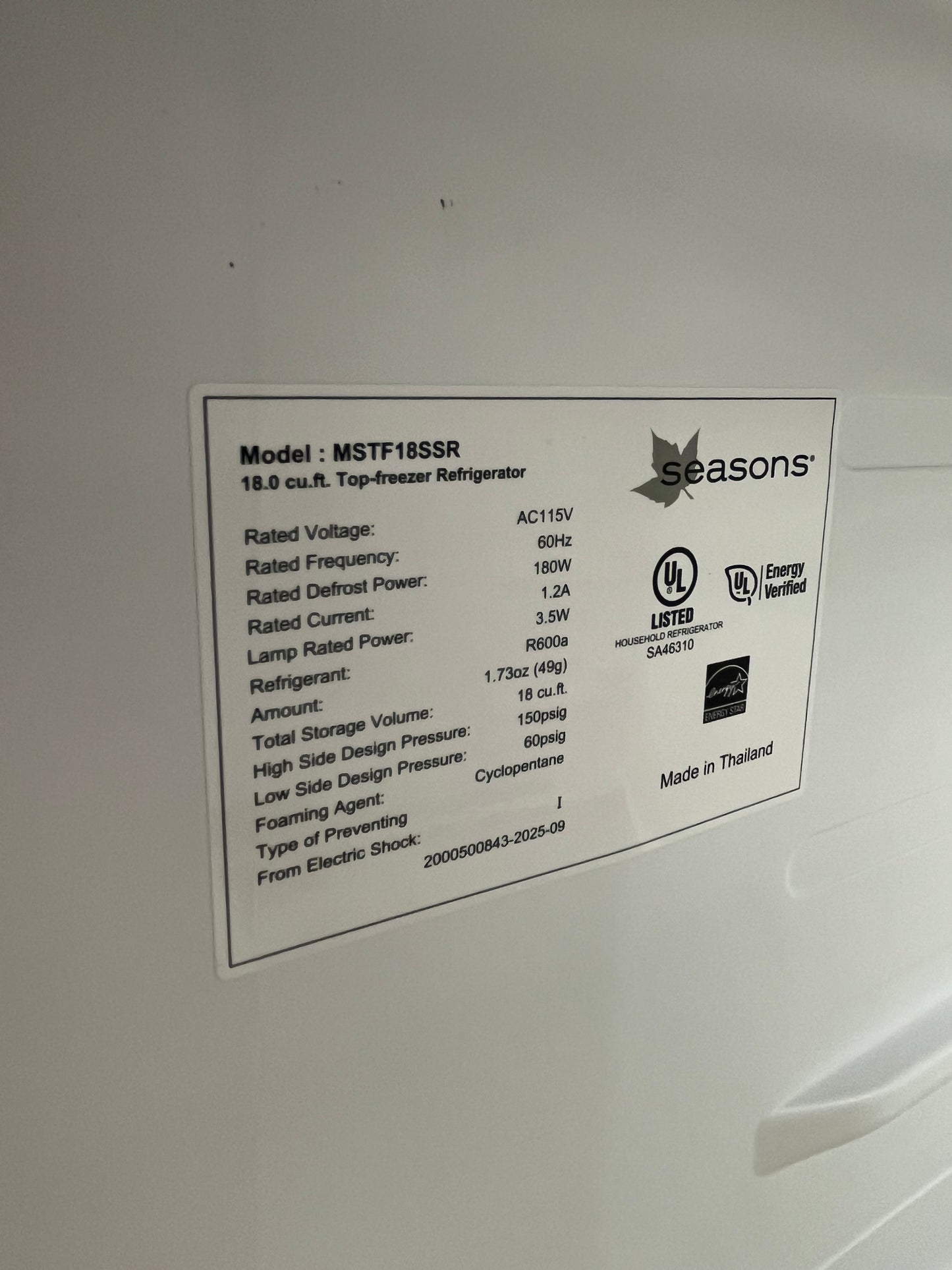 Stainless Steel 18 Cu. Ft. Top Freezer by Seasons