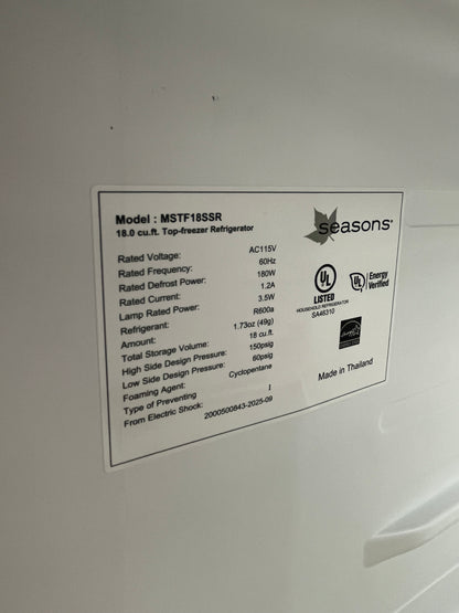 Stainless Steel 18 Cu. Ft. Top Freezer by Seasons