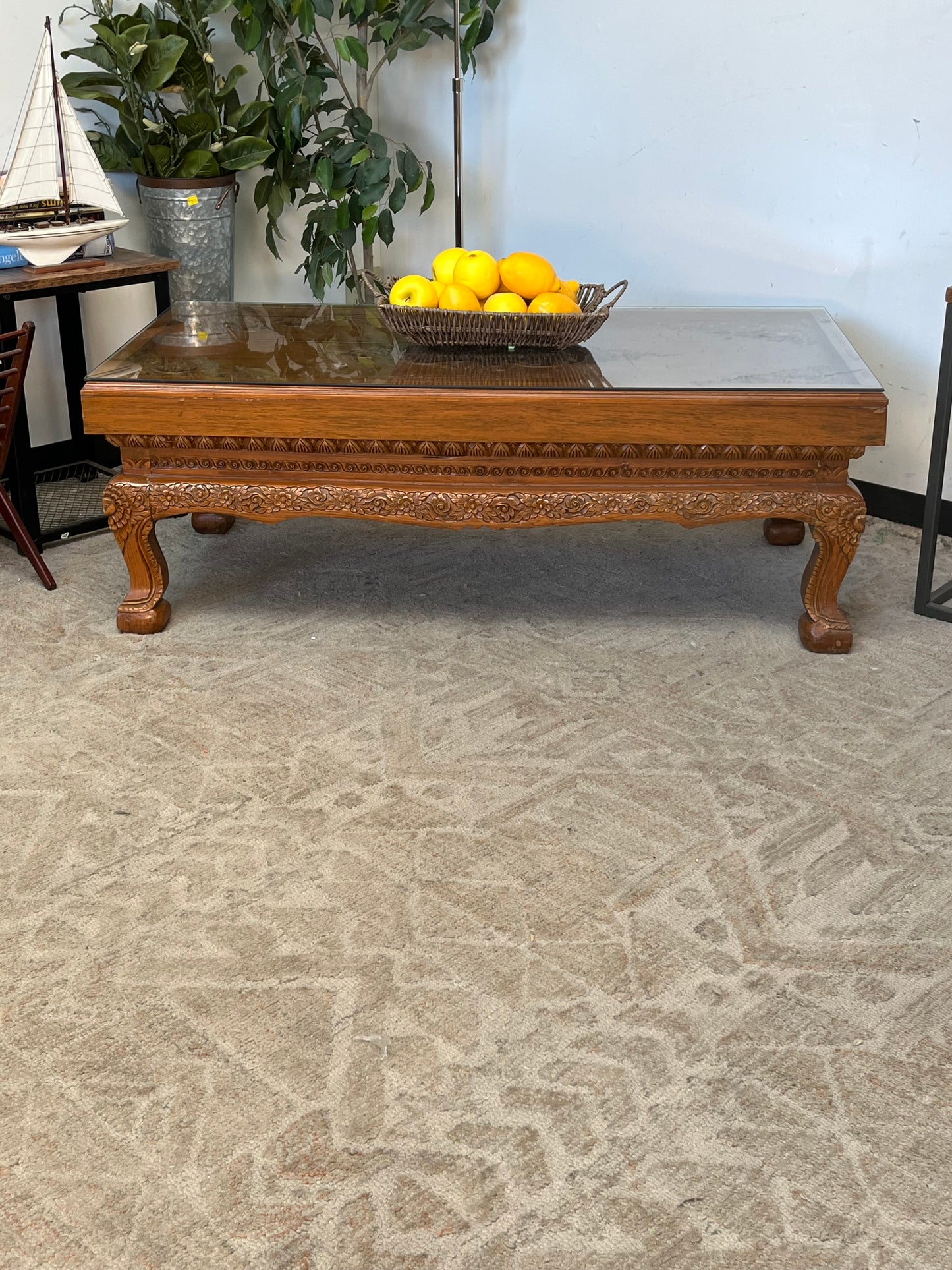 Indonesian Style Hand Carved Glass Top Coffee Table