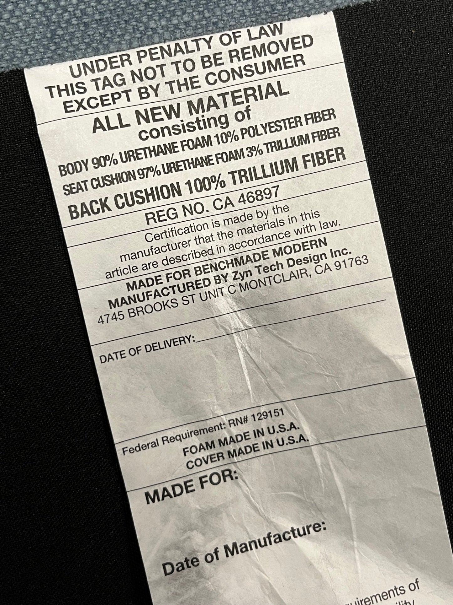 Benchmade Modern Right Arm Blue Linen Couch