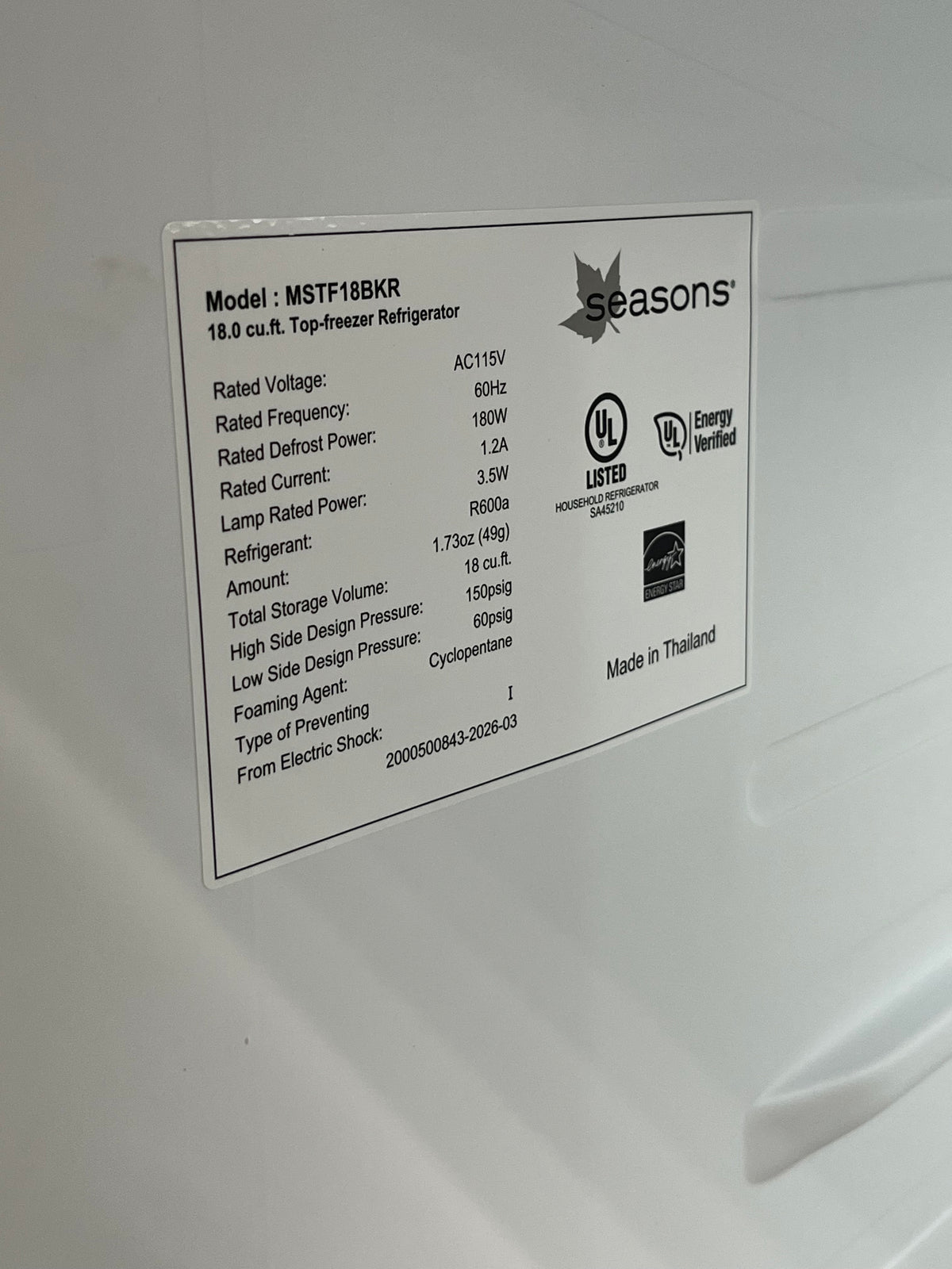 Seasons Black 18 Cu. Ft. Top Freezer Refrigerator -Dented