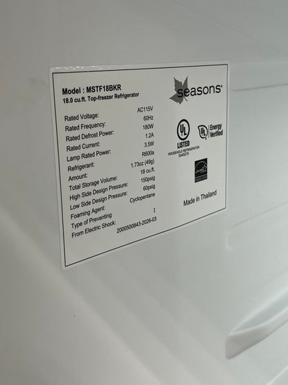 Seasons Black 18 Cu. Ft. Top Freezer Refrigerator -Dented