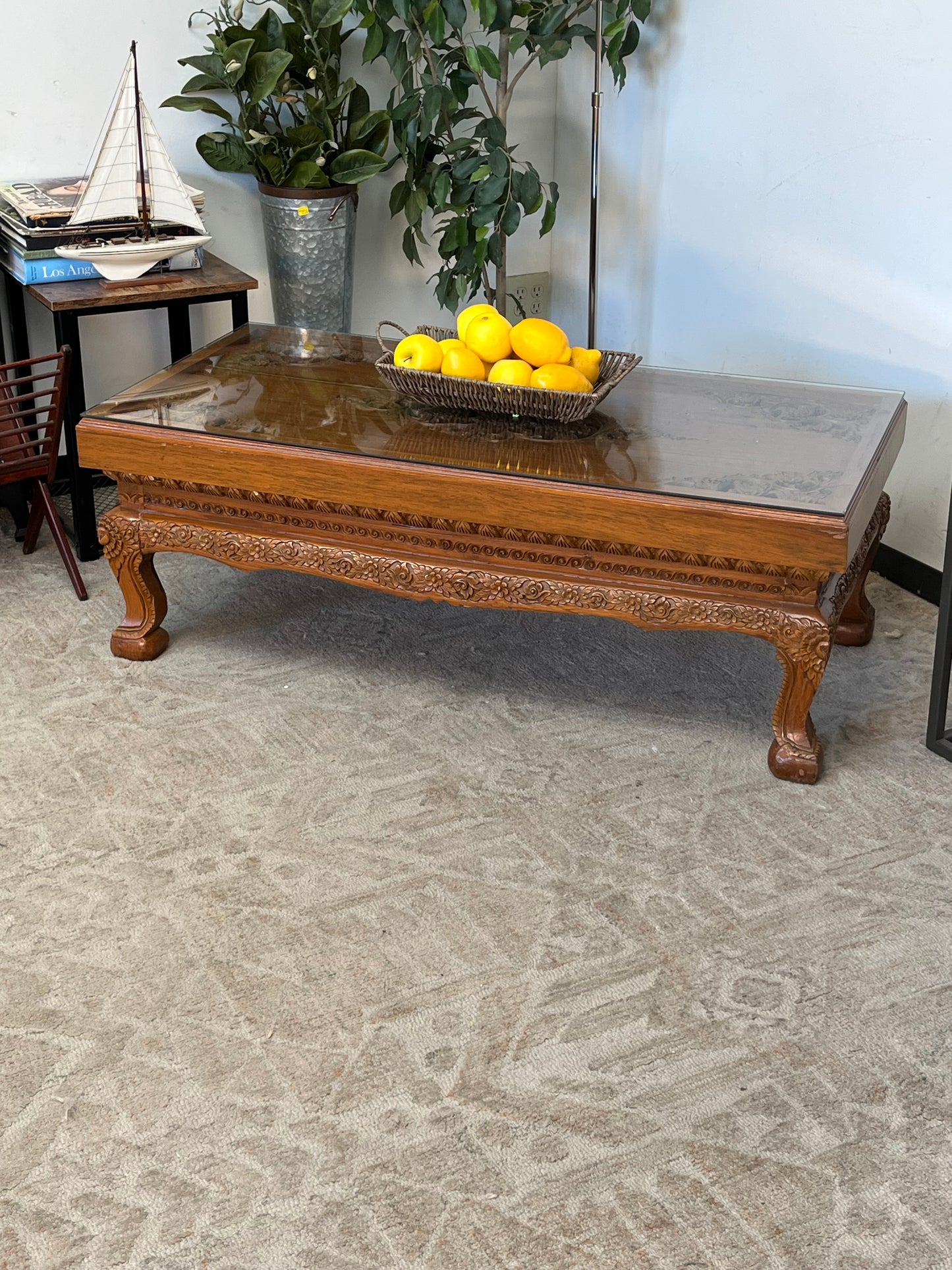 Indonesian Style Hand Carved Glass Top Coffee Table