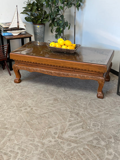 Indonesian Style Hand Carved Glass Top Coffee Table