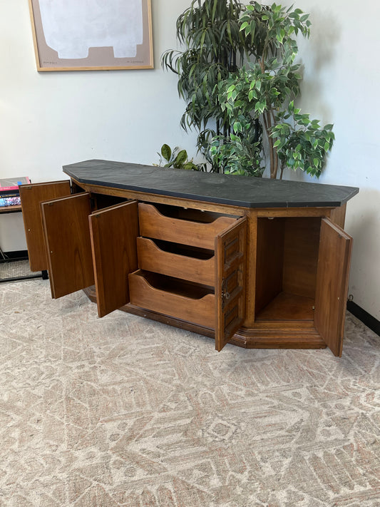 Mid Century Wooden Credenza With Stone Top
