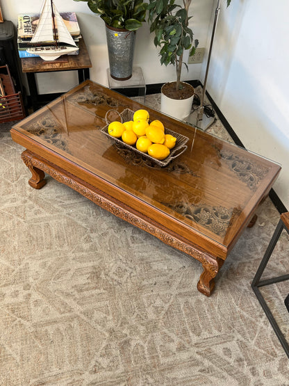 Indonesian Style Hand Carved Glass Top Coffee Table