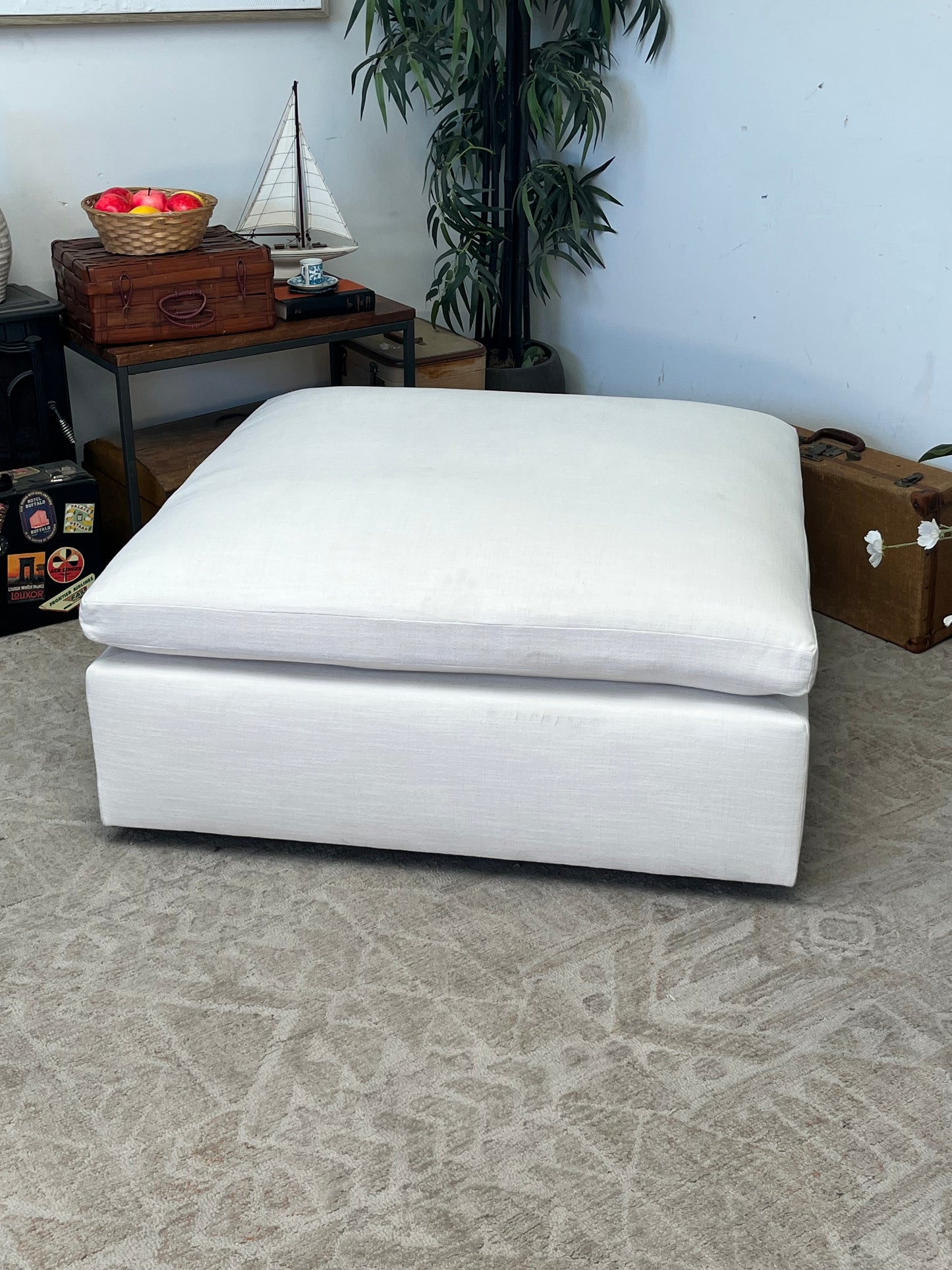 Modern White Linen Ottoman