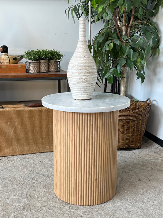Reeded Wood Stone Top Side Table