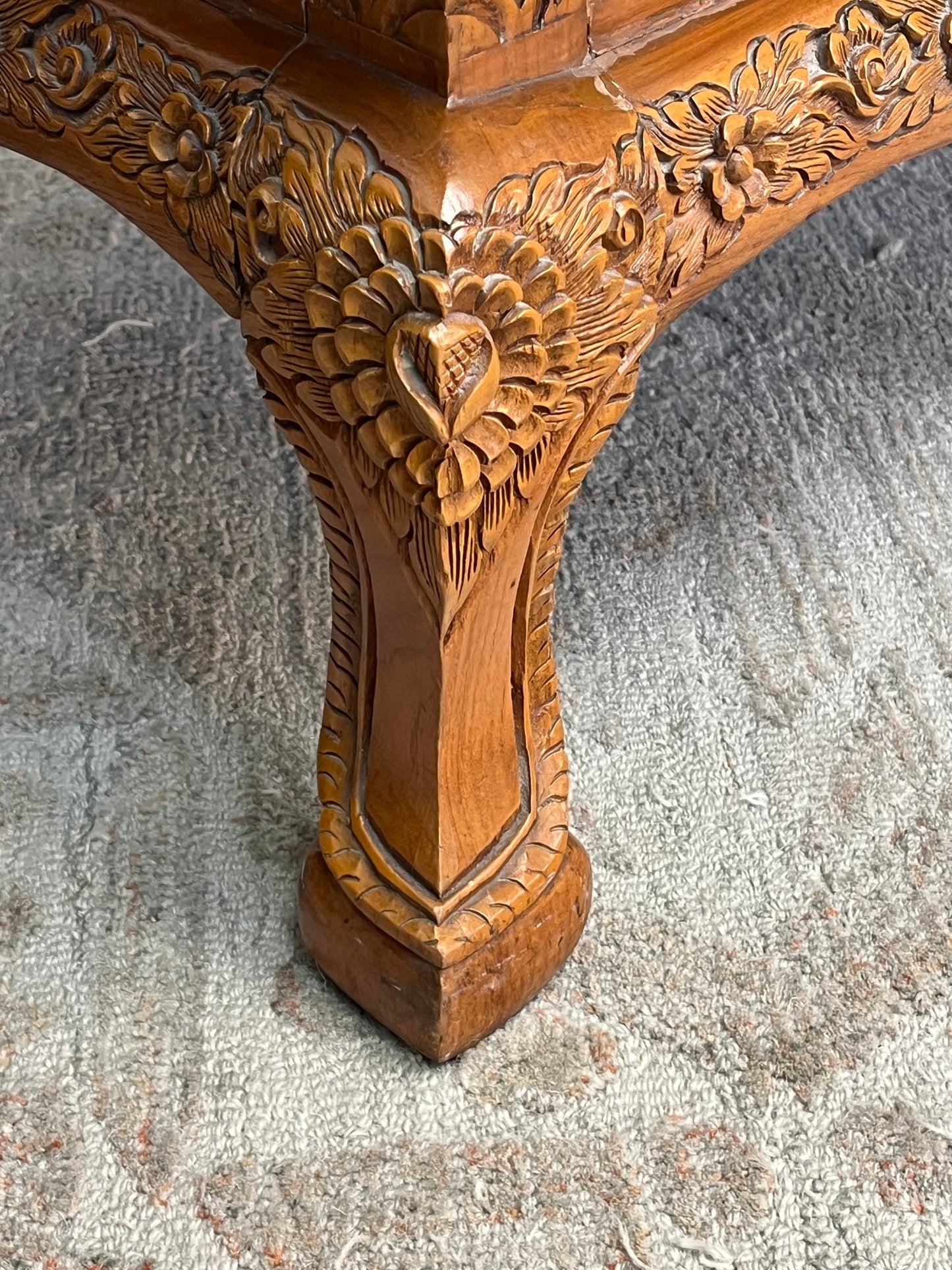 Indonesian Style Hand Carved Glass Top Coffee Table