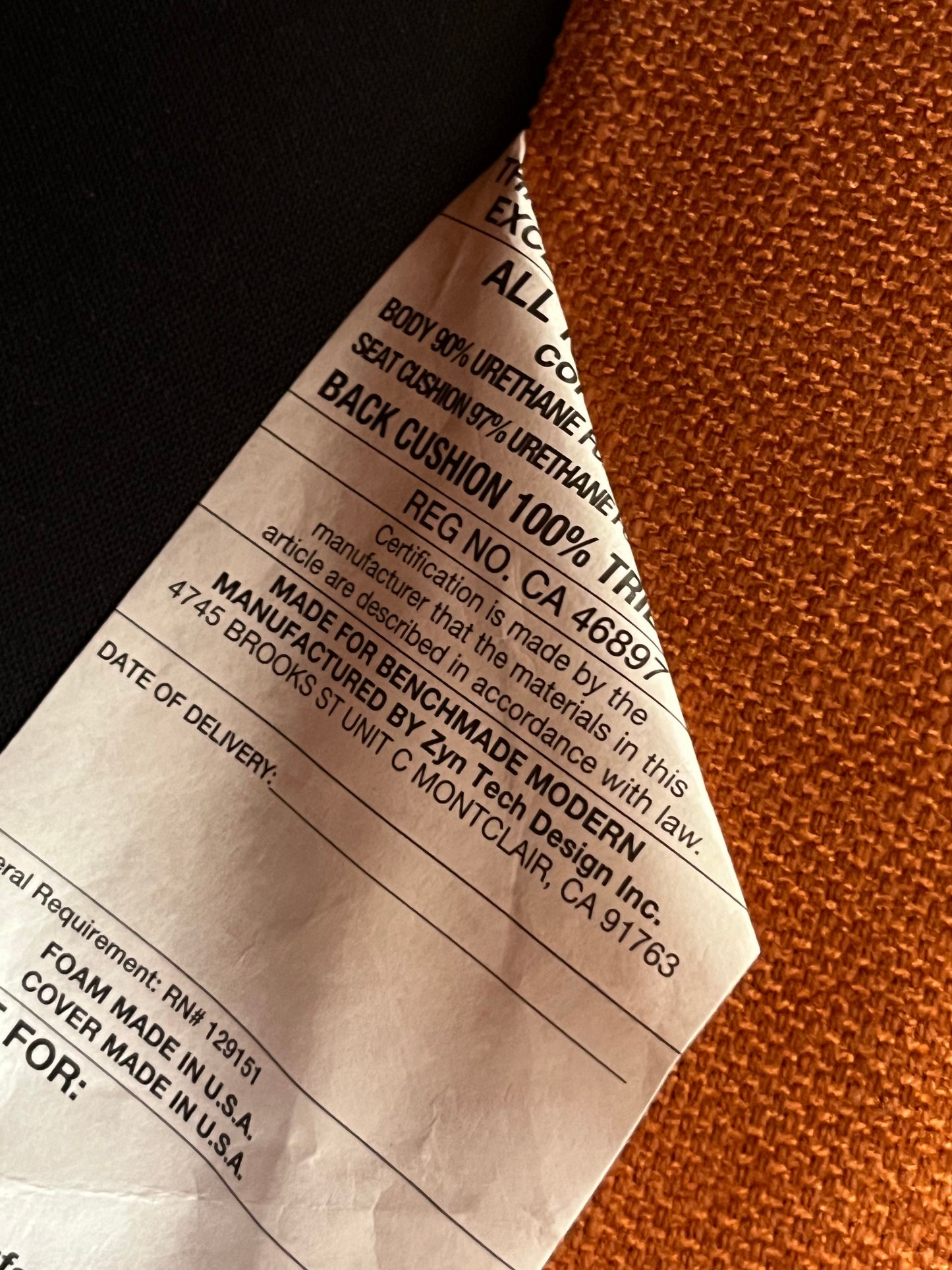 Benchmade Modern Orange Linen Couch