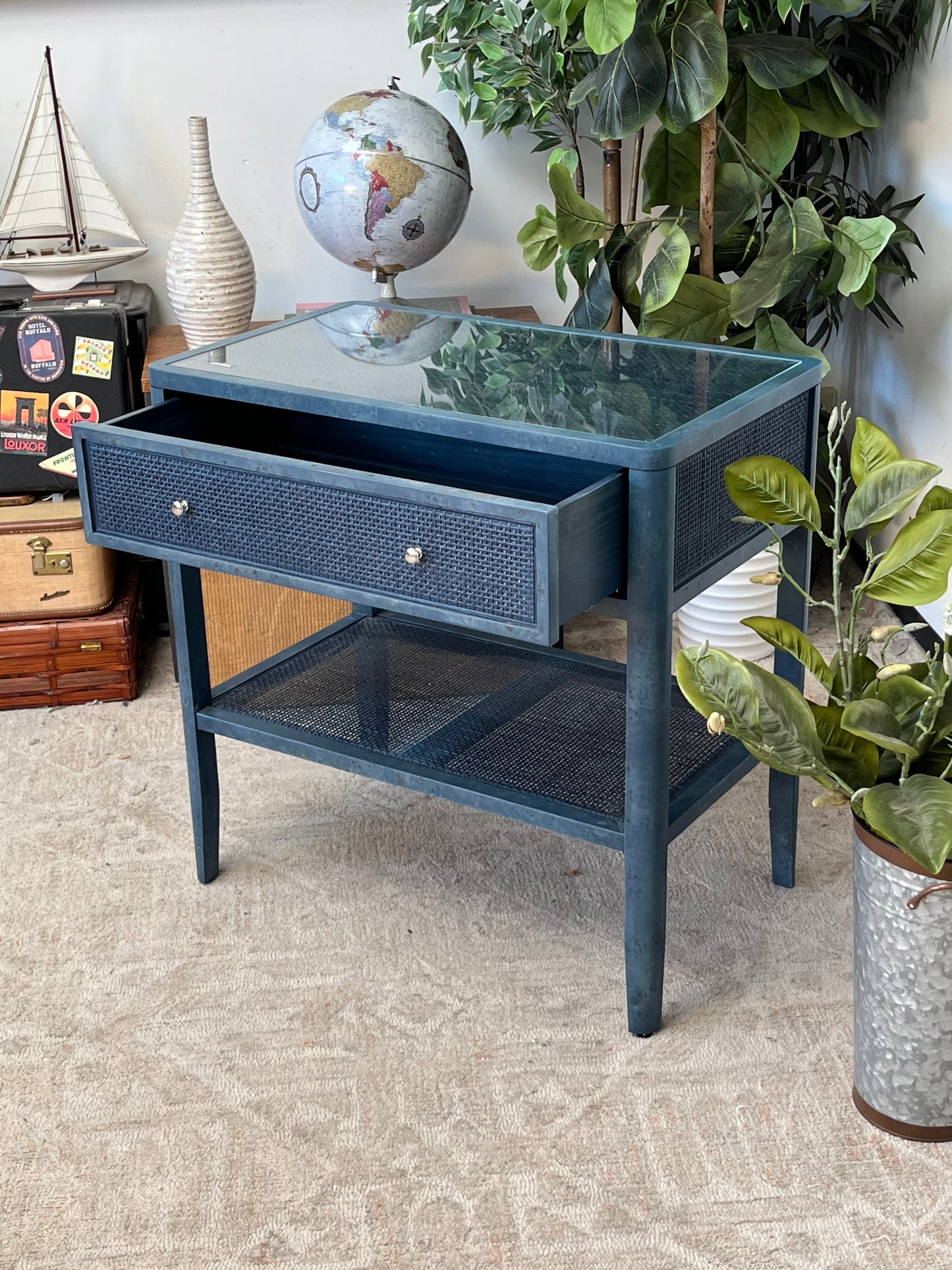 Blue Rattan End Table W/ Glass Top