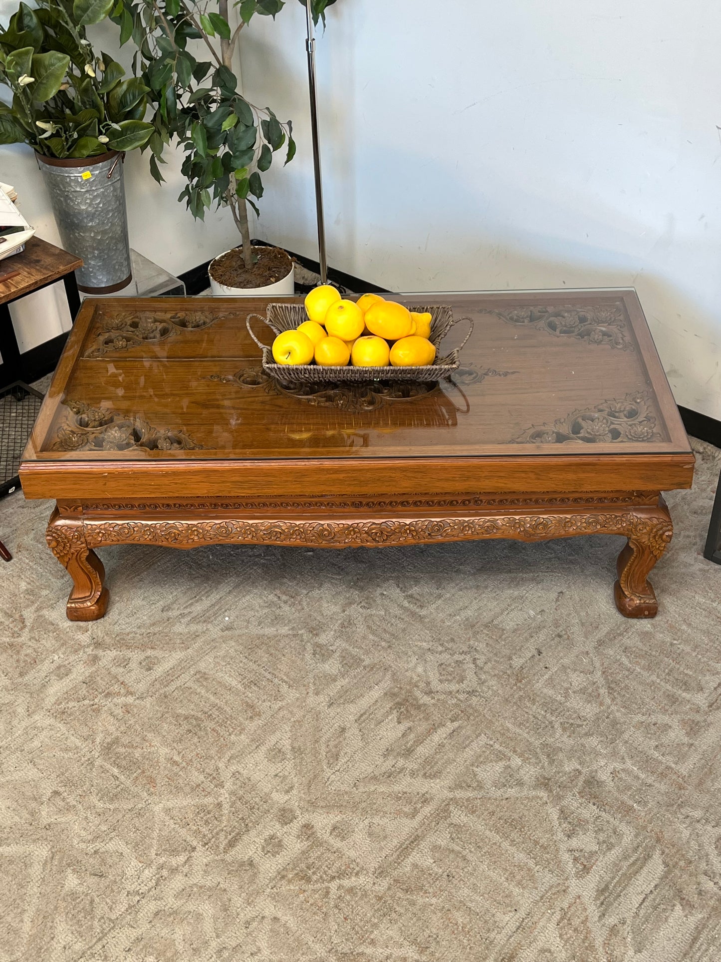 Indonesian Style Hand Carved Glass Top Coffee Table