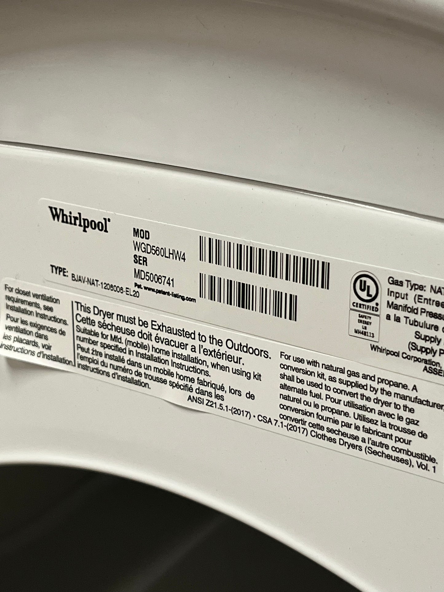 Whirlpool Front Load Long Vent Gas Dryer