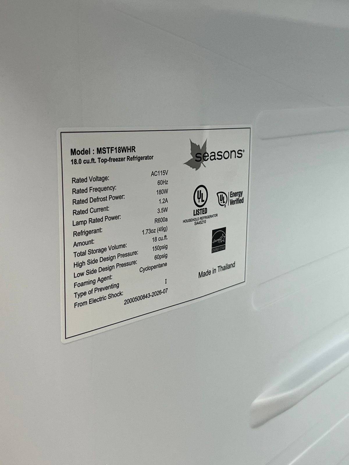 Seasons 18 Cu. Ft. Top Freezer Refrigerator
