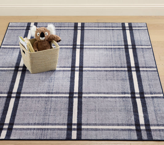 Plaid Washable 8 x 10 Rug Blue Chambray